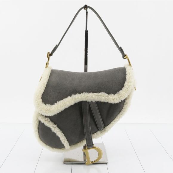 Dior Handbags - Christian Dior Shearling Saddle Bag Gray Shoulder Purse Suede/Gold CD Rare Auth